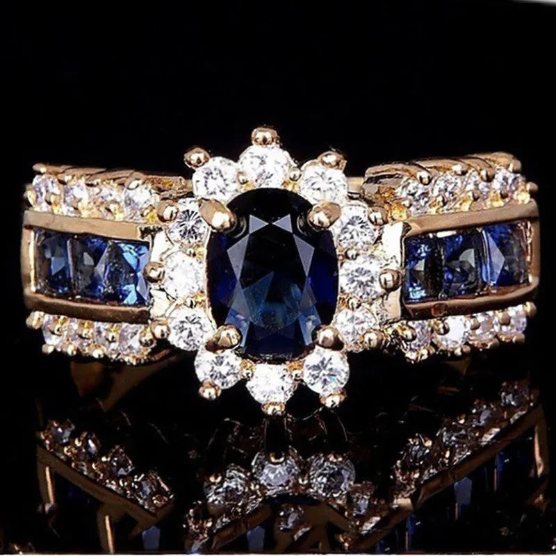 Personalised zinc alloy ring with gemstone options including blue diamond and zircon stones in sizes 6-11
