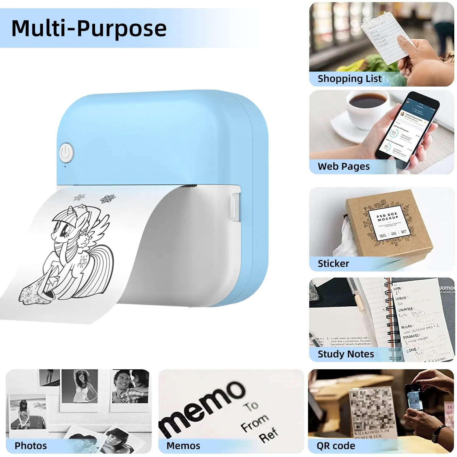Student mini thermal label printer with USB cable, 12x9x4.6cm, includes printing paper