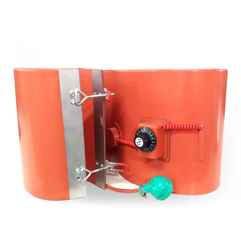 Silicone rubber heating belt wrapped around a 200-litre oil drum with a digital control unit.