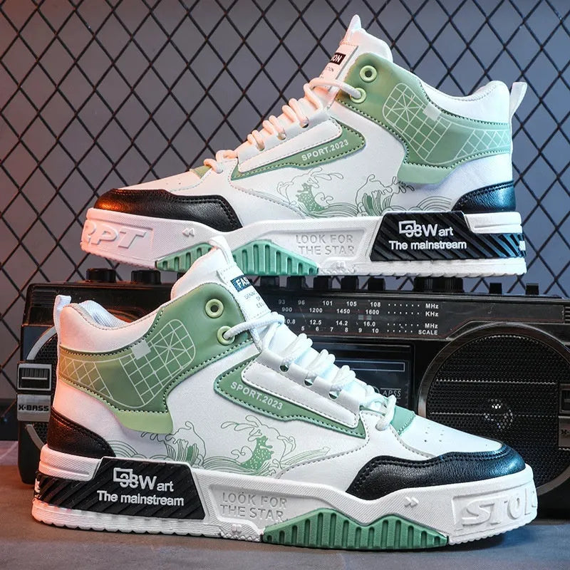 Men's beige, white and blue high-top board shoes with lace-up front and rubber sole.