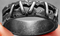 Stainless steel punk style double ring with decorative stitching in gothic design