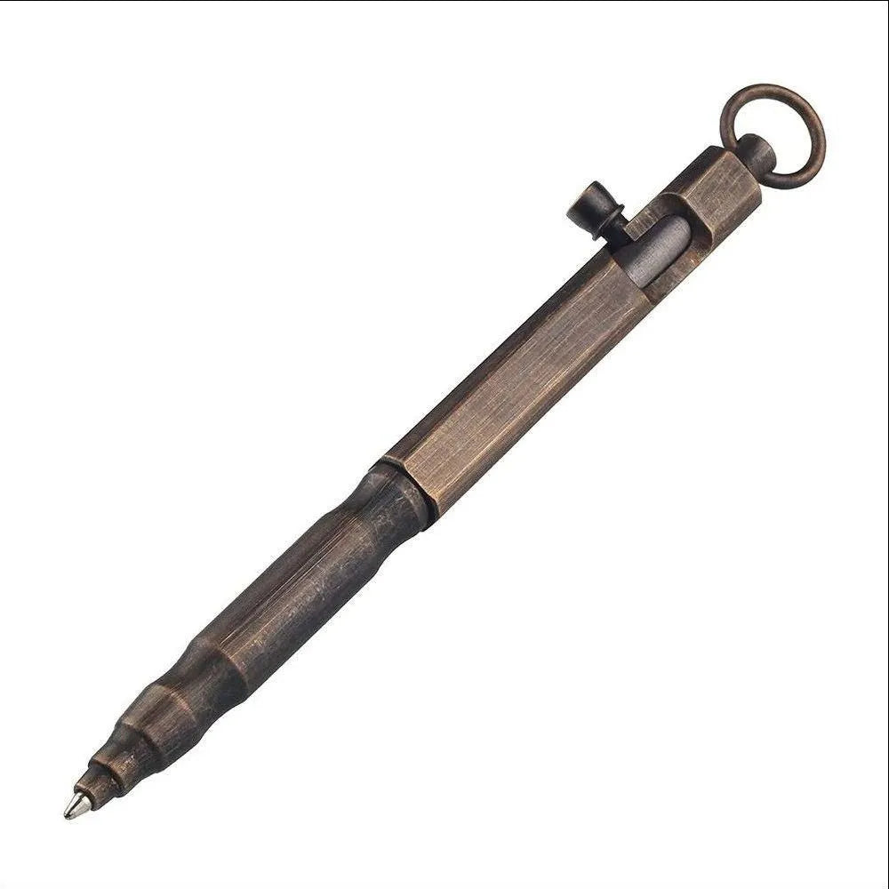 Brass hexagonal bolt tactical pen showing machined details and hexagonal design