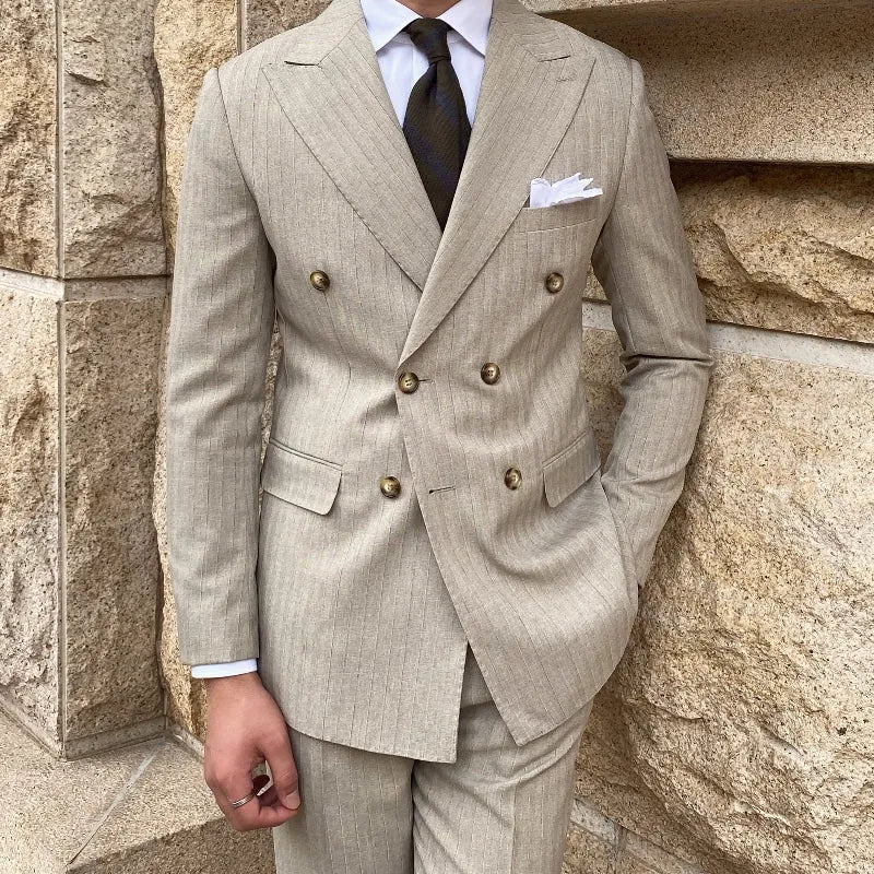 Mr. Lu San grey striped notch lapel two-piece suit jacket and trousers on hanger