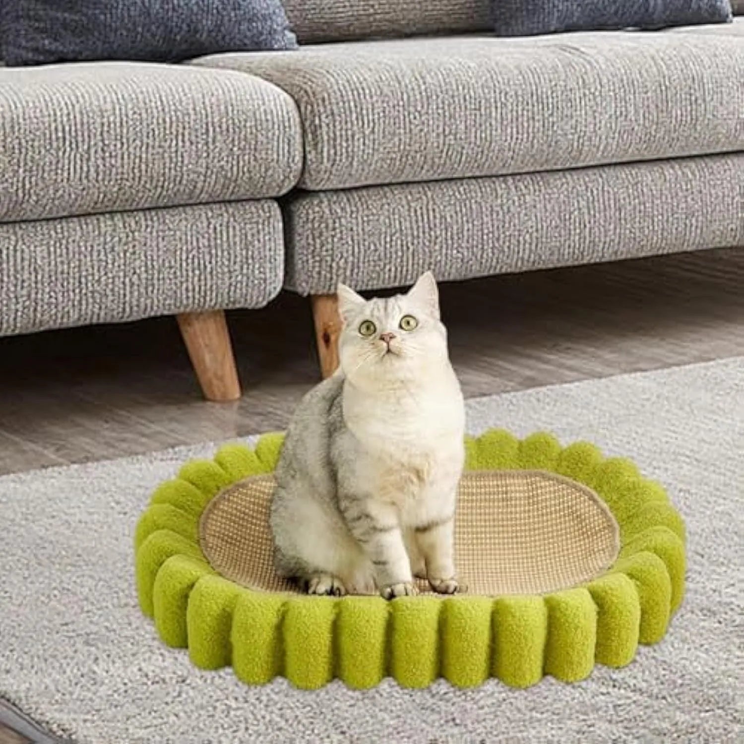 Green oval sisal cat scratching pad that also serves as a cat bed.