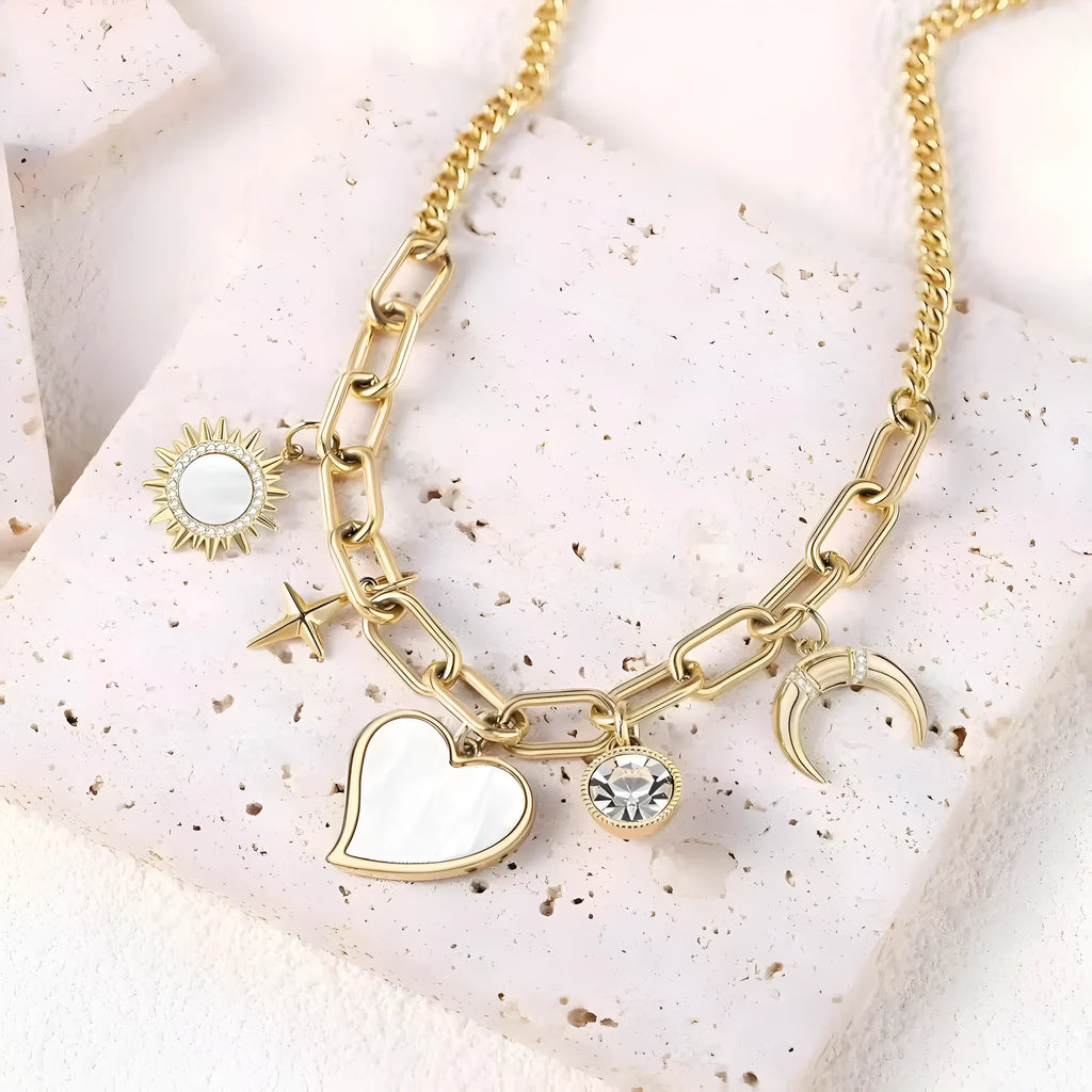 Gold alloy heart-shaped pendant necklace with inlaid zircon moon and star on bamboo chain