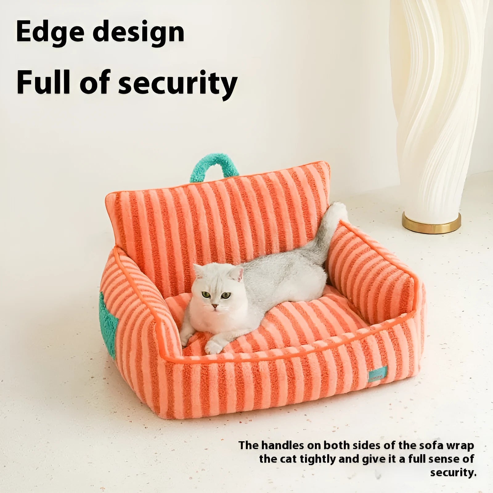 Striped soft velvet pet bed for dogs with plush fabric construction in orange, purple and yellow colour options