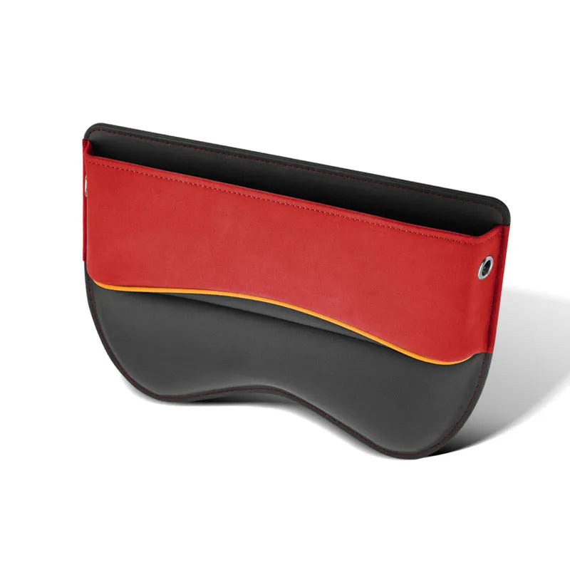 Leather car seat storage box in beige colour on a car passenger seat.