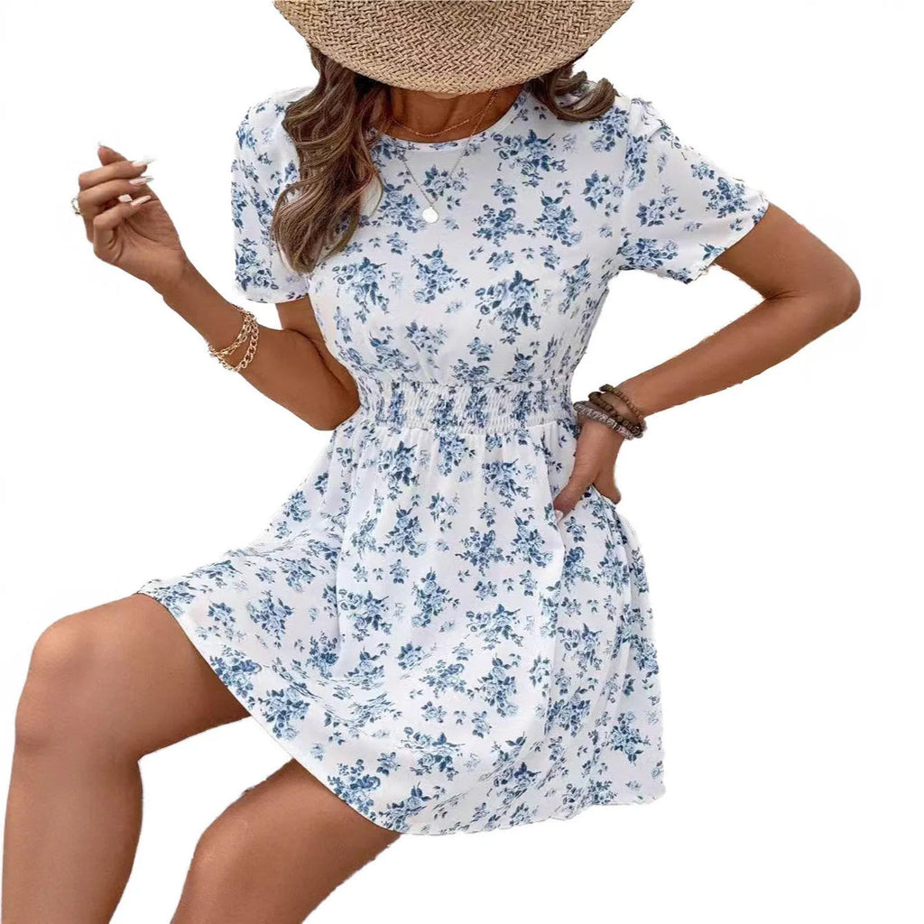 Light blue women's A-line casual dress with high waist and regular sleeves.