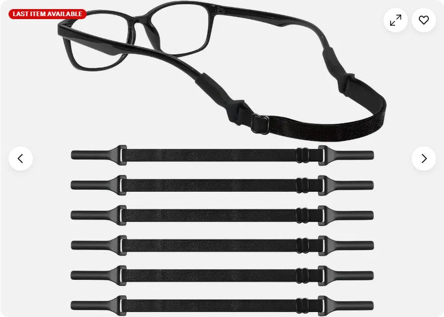 Black adjustable glasses cord with silicone earpiece ends on eyewear