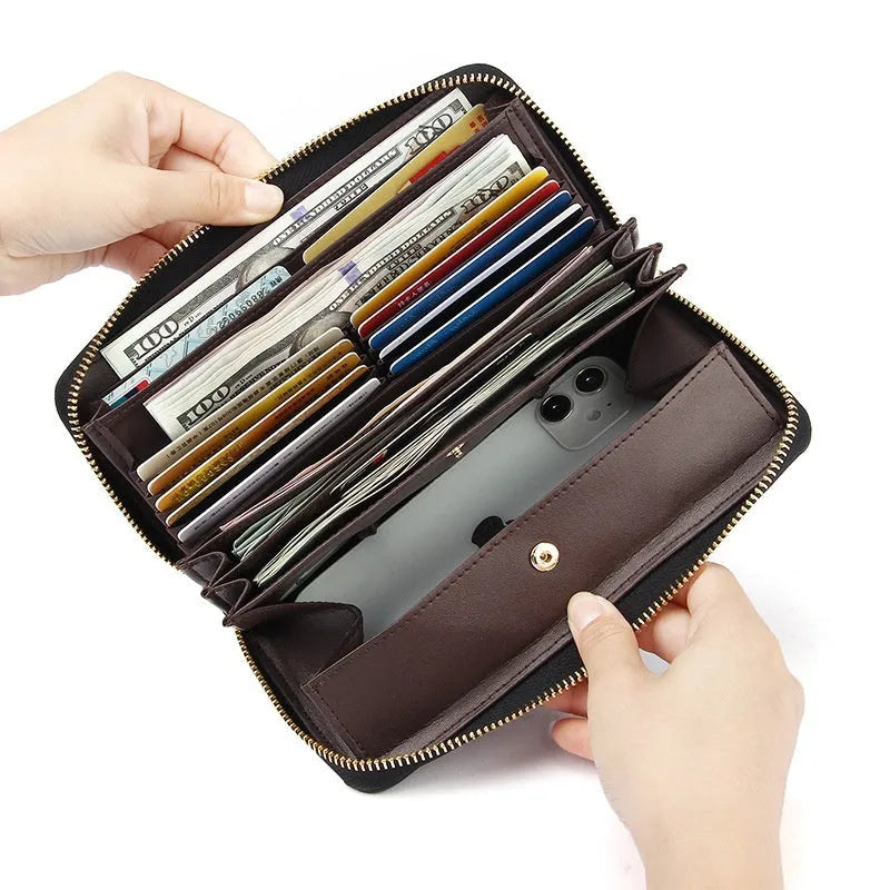 Genuine leather long wallet for women in multiple colours with large capacity and anti-theft card slots.