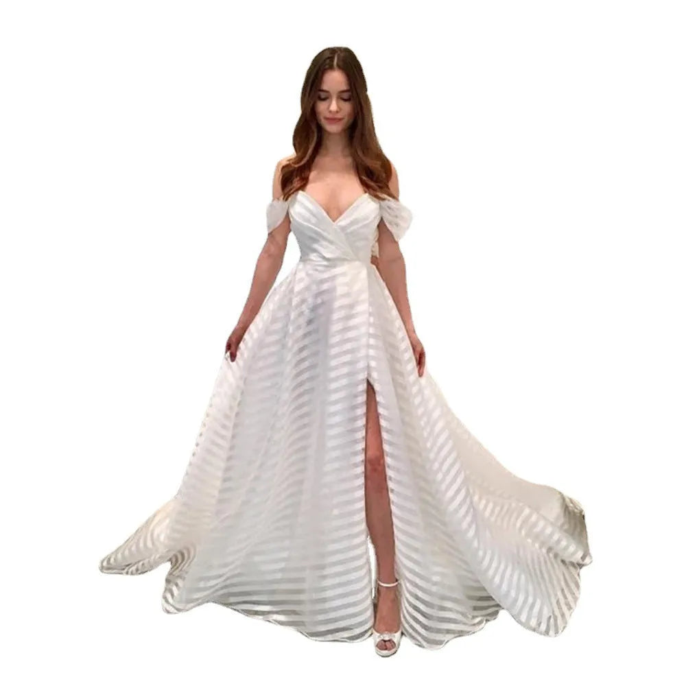 Women's white sheer organza sleeveless long trailing dress with mid waist