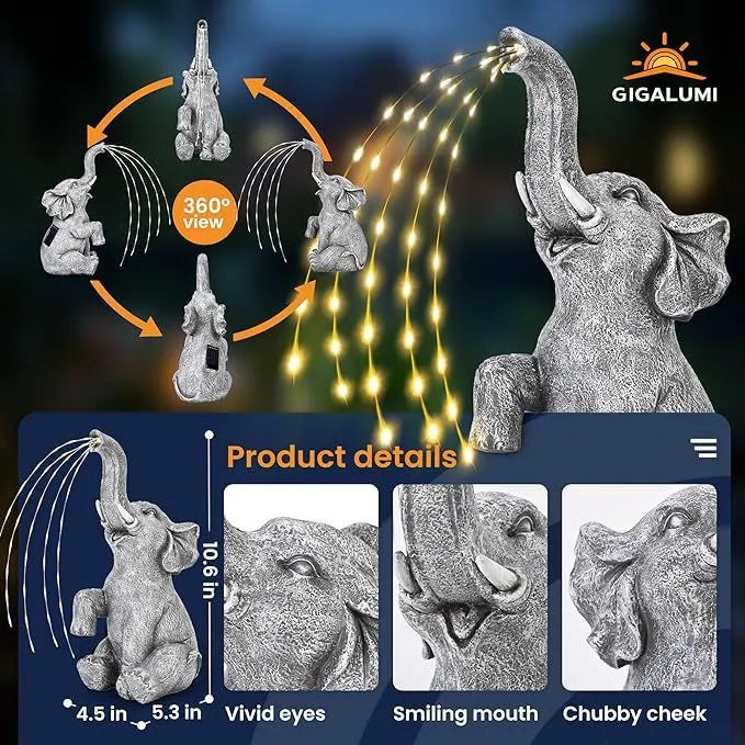 Resin elephant garden sculpture with built-in LED lighting for outdoor decoration