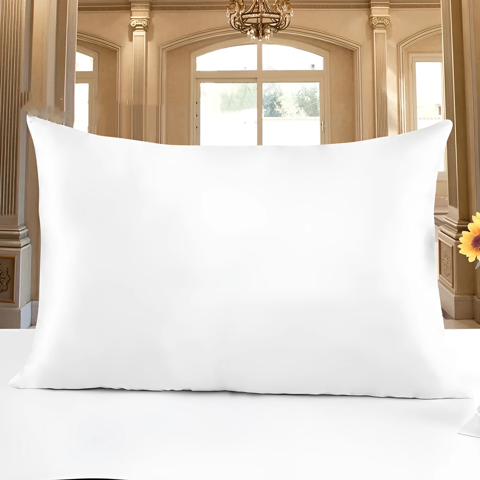 Double-sided silk pillowcase in apricot colour showing smooth satin weave texture.