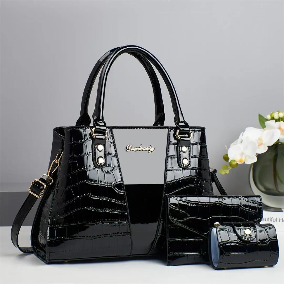 Women's crocodile stitch three-piece shoulder bag set in PU with small bag and card bag