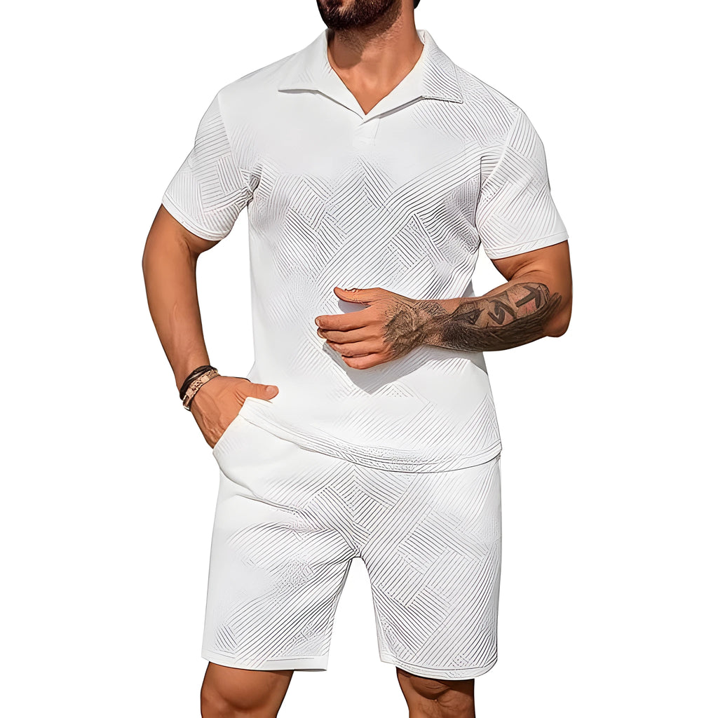 Men's casual solid colour polo short oversleeves set with matching shorts in black, blue, and light grey