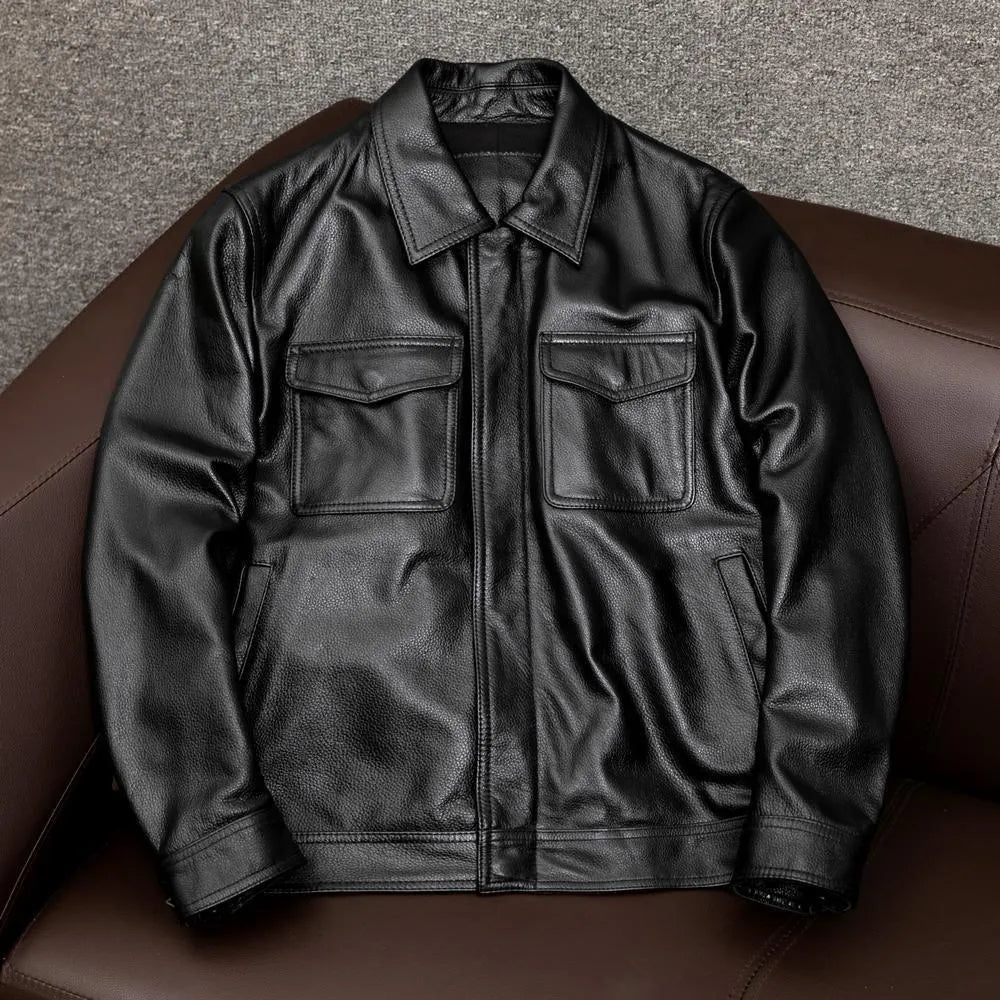Men's black retro-style lapel short PU leather jacket with side pockets on a mannequin.