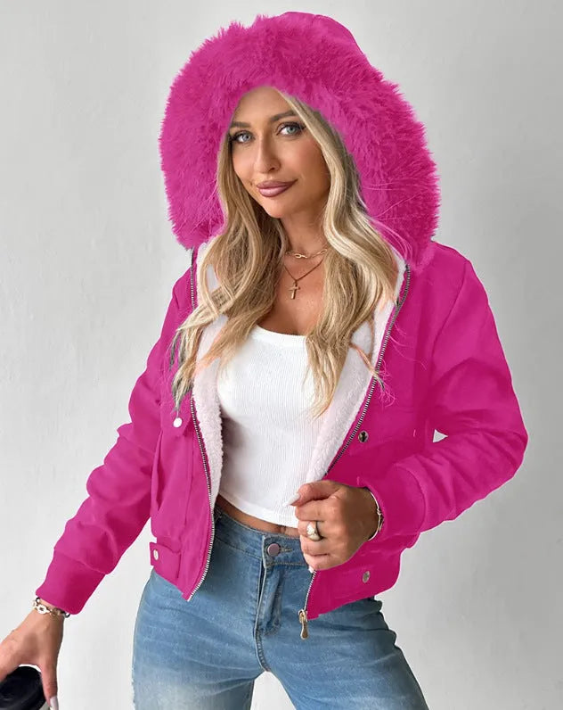 Women's casual hooded jacket with furry lining in Black, long sleeves, polyester fabric