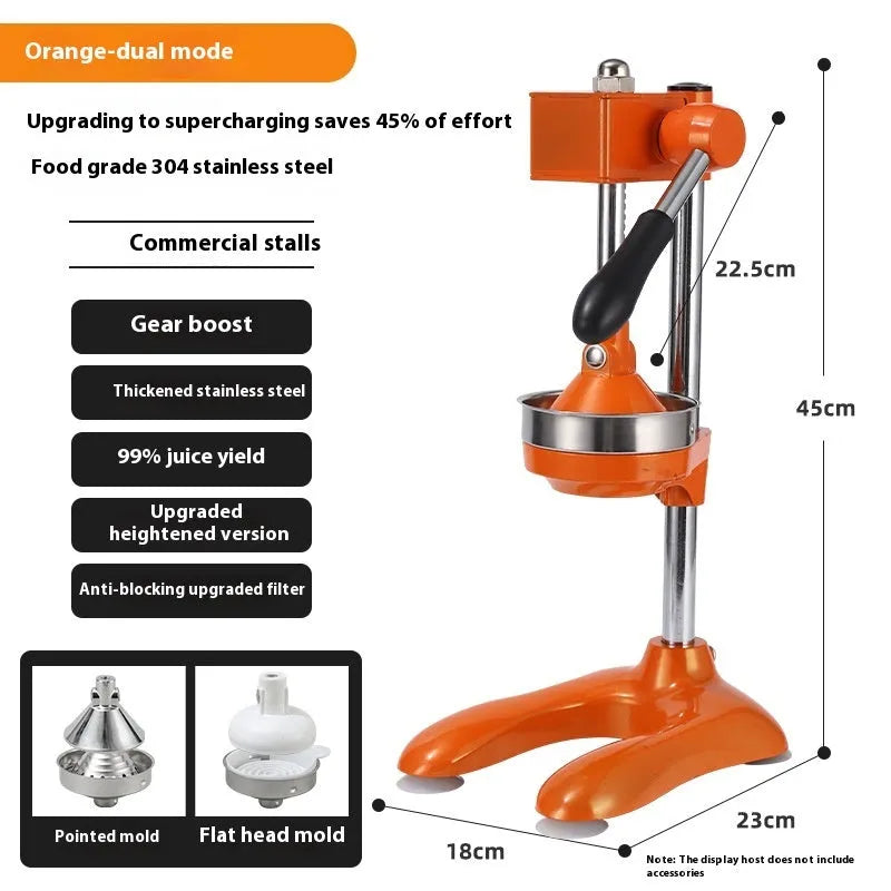 Vertical stainless steel manual juicer with zinc alloy frame in multiple colour options