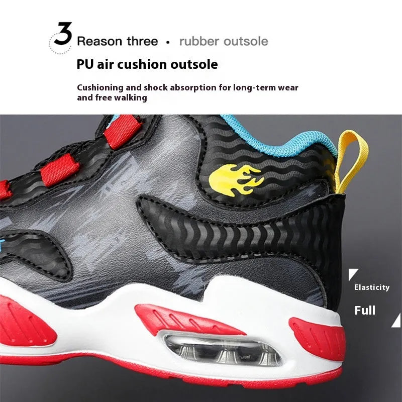Children's rotating button closure basketball shoes in multiple colours with a PU sole.