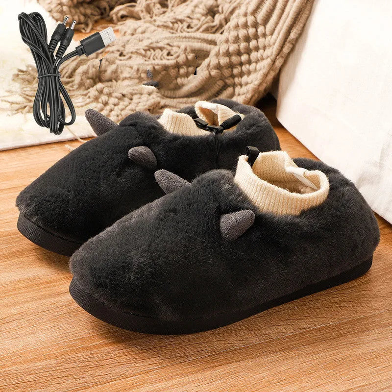 USB electric heating slippers in soft velvet, showing adjustable temperature controls and a connected USB cable.