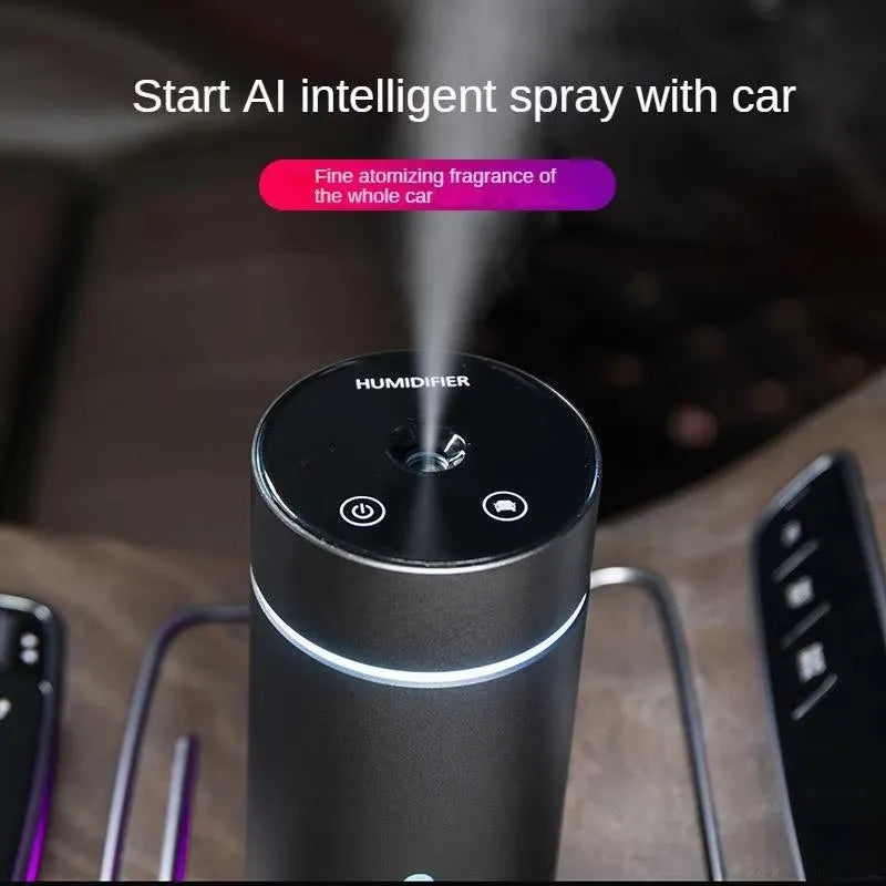 Aluminium car and desktop humidifier diffuser with 260ml tank and colourful LED light on black background.