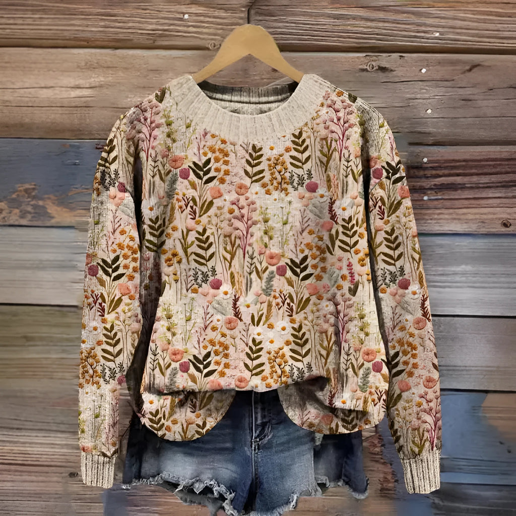 Little Flower digital printed round neck polyester sweater shown in one of twelve available colours.