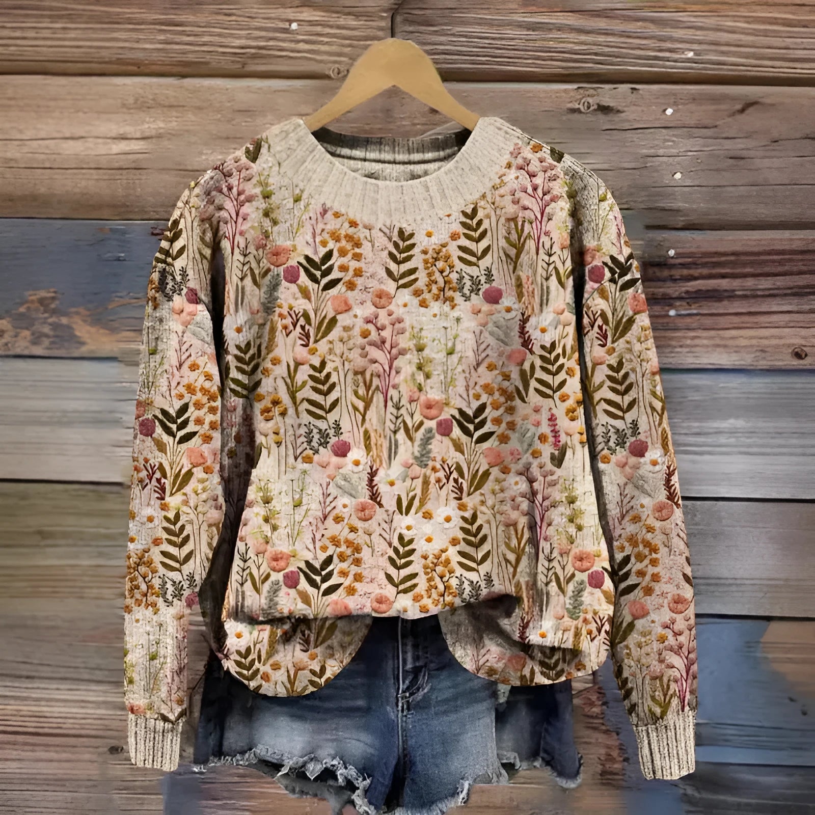 Little Flower digital printed round neck polyester sweater shown in one of twelve available colours.