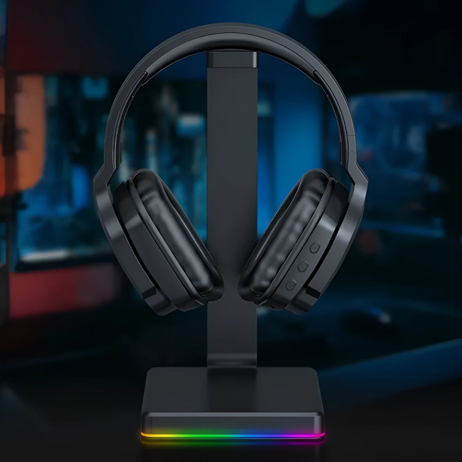 Luminous black wireless headphones with head-mounted design and noise reduction