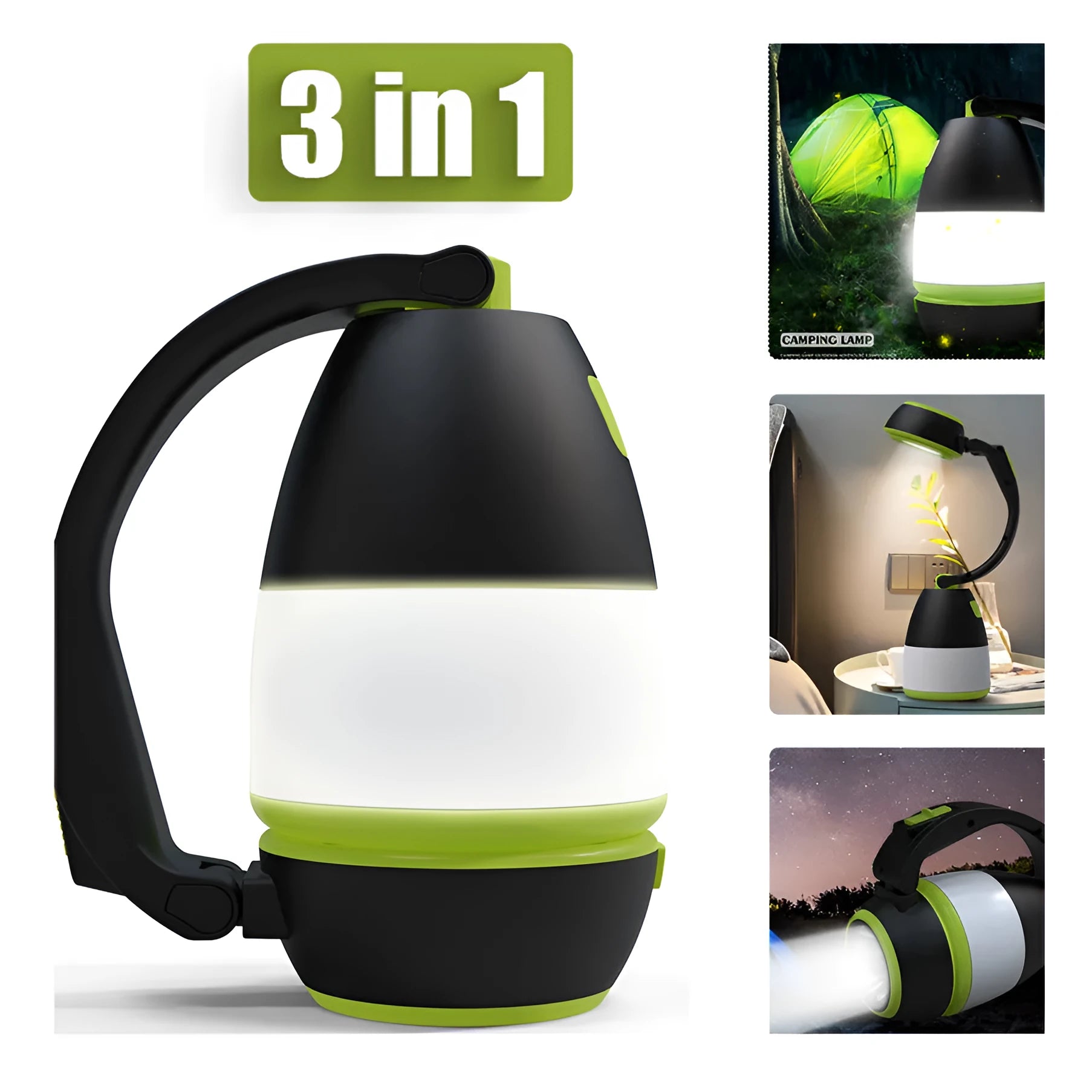 Black green three-in-one LED camping lamp with adjustable lighting angles and USB charging port