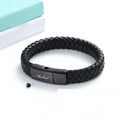 Black woven stainless steel cinerary bracelet with personalised text in gift box