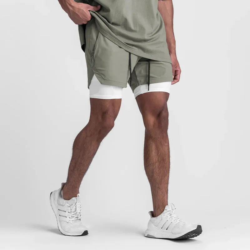 Sports casual quick-drying double-layer two-in-one running shorts with liner, polyester, beige colour, men's size M