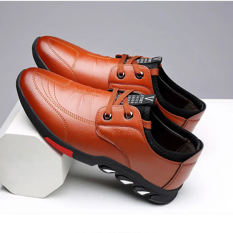 Men's black and brown PU business shoes with lace-up design and flat heel