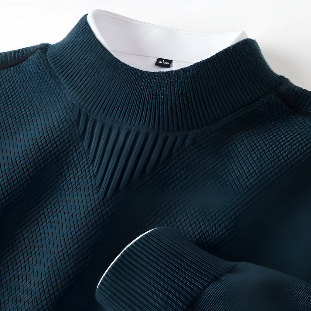 Men's knitted half-turtleneck pullover with inverted triangle jacquard pattern in black, rabbit hair and modal blend