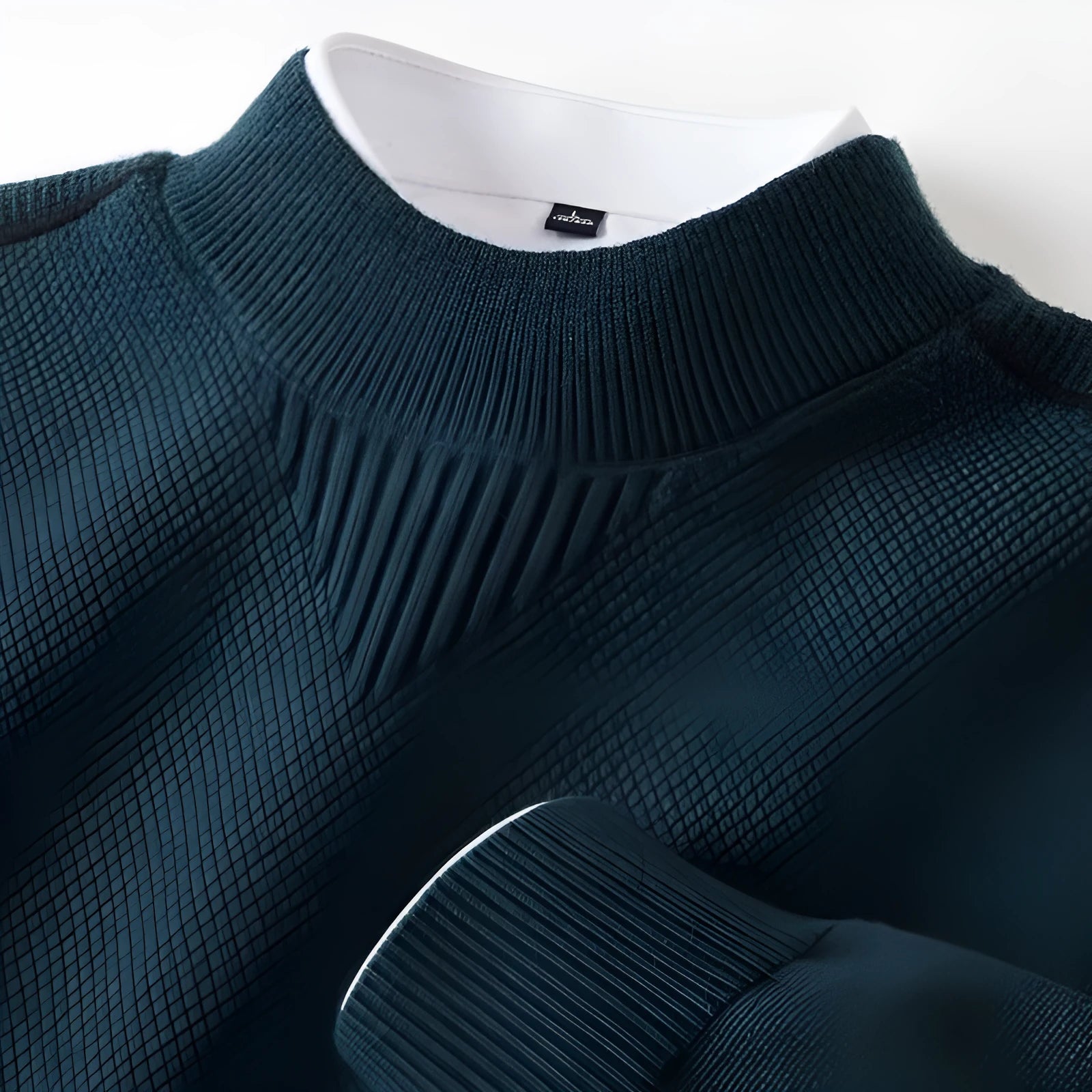 Men's knitted half-turtleneck pullover with inverted triangle jacquard pattern in black, rabbit hair and modal blend