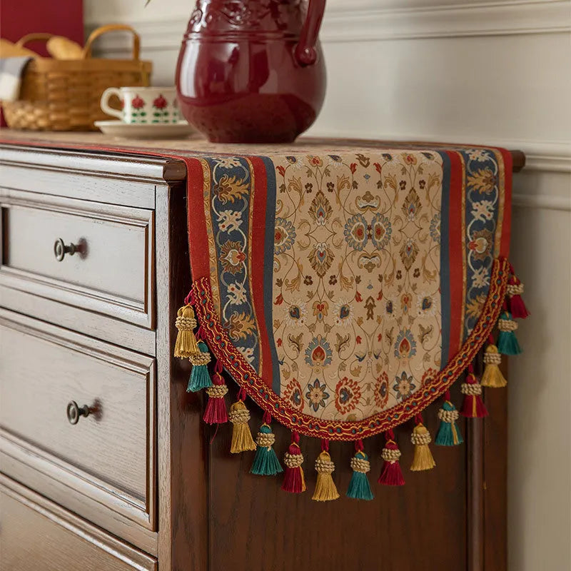 American floral polyester fringe table runner 40x180cm yellow green red for dining table decoration