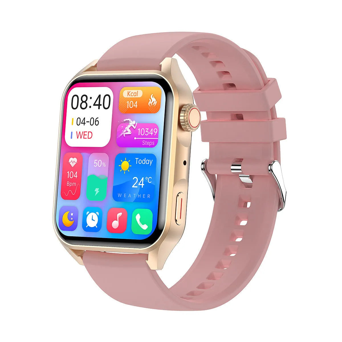 Pink smartwatch with AMOLED screen showing multiple watch dials and a silicone strap on a wrist