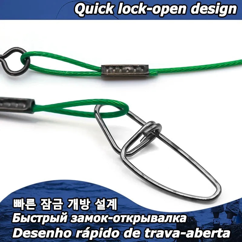 Ten green anti-bite steel wire fishing leaders with double buckle pins, each 54cm long, laid out straight.