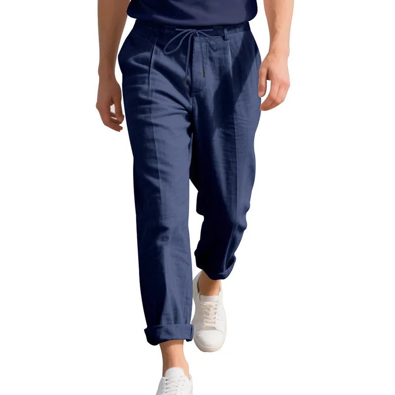 Men's linen straight leg trousers in army green with drawstring waist