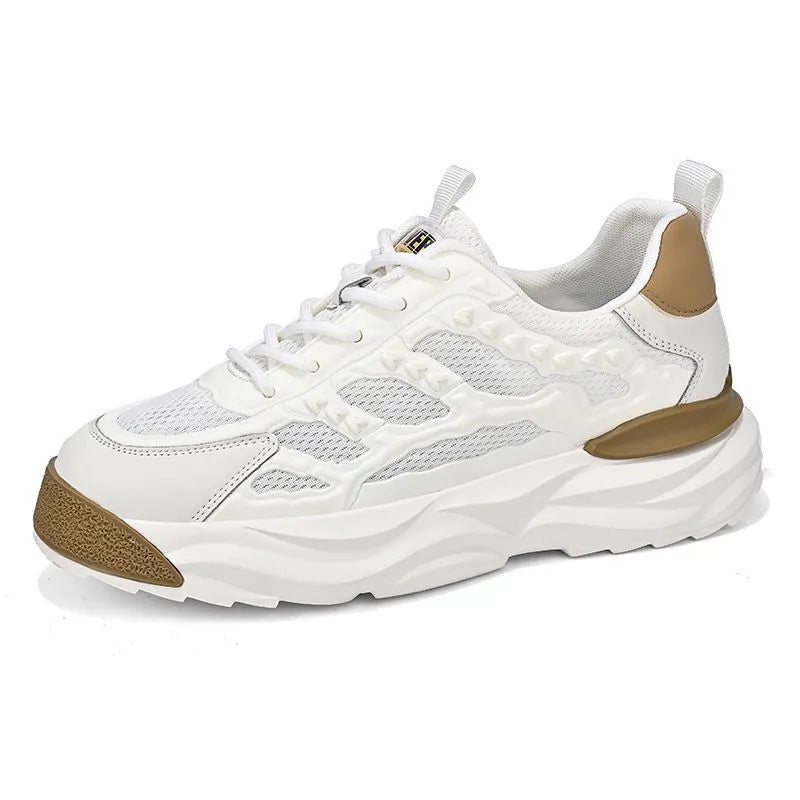 Men's breathable mesh shoes in white or black with PU mesh upper and round toe design