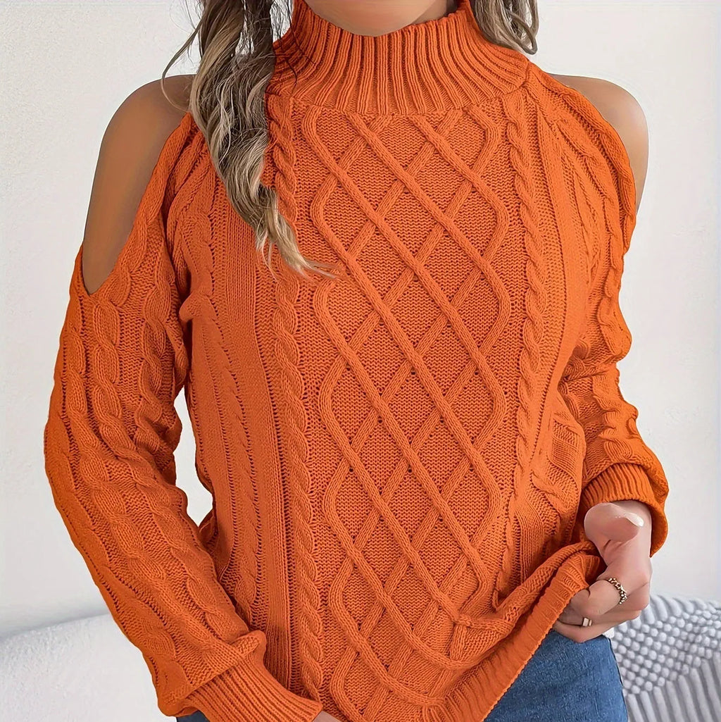 Gray women's strapless pullover sweater with a twist pattern detail and long lantern sleeves.