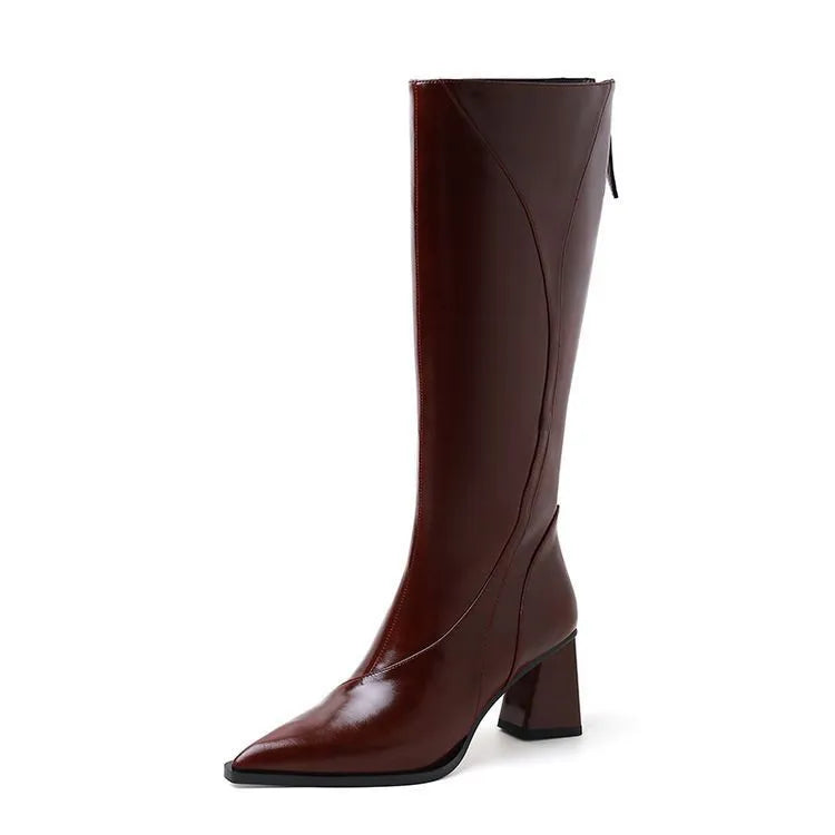 Women's retro Maillard tube high heel riding boots in cowhide leather with waterproof platform, black colour