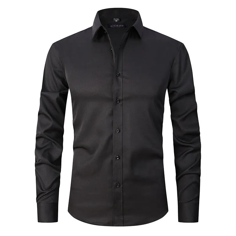 Men's stretch long sleeve polyester work shirt on a hanger, showing button front and long sleeves.