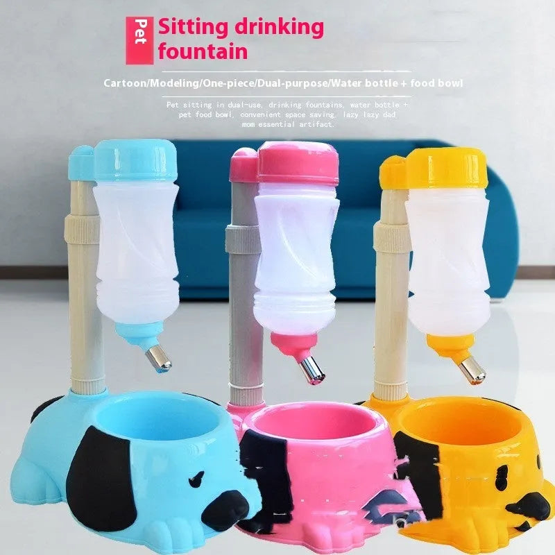 Rod lifting type adjustable pet drinking bowl in blue, pink, or yellow colours