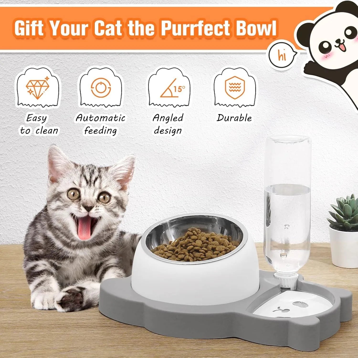 Grey and green tilted elevated pet bowl set with automatic water dispenser bottle for cats and small dogs.