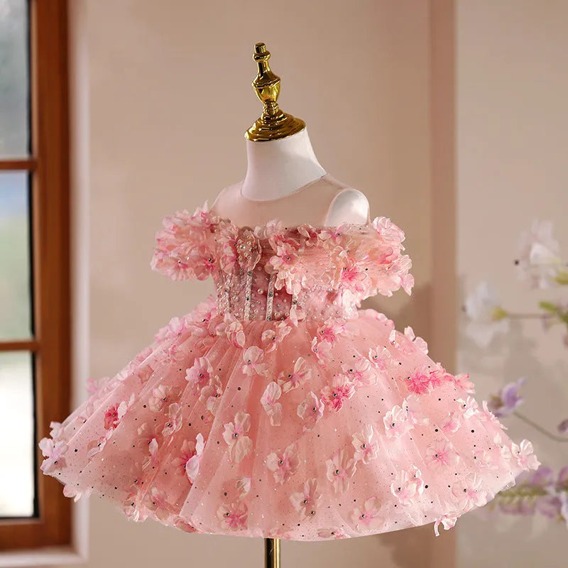 Girls' pink polyester pettiskirt princess dress with full layered skirt suitable for heights up to 150cm