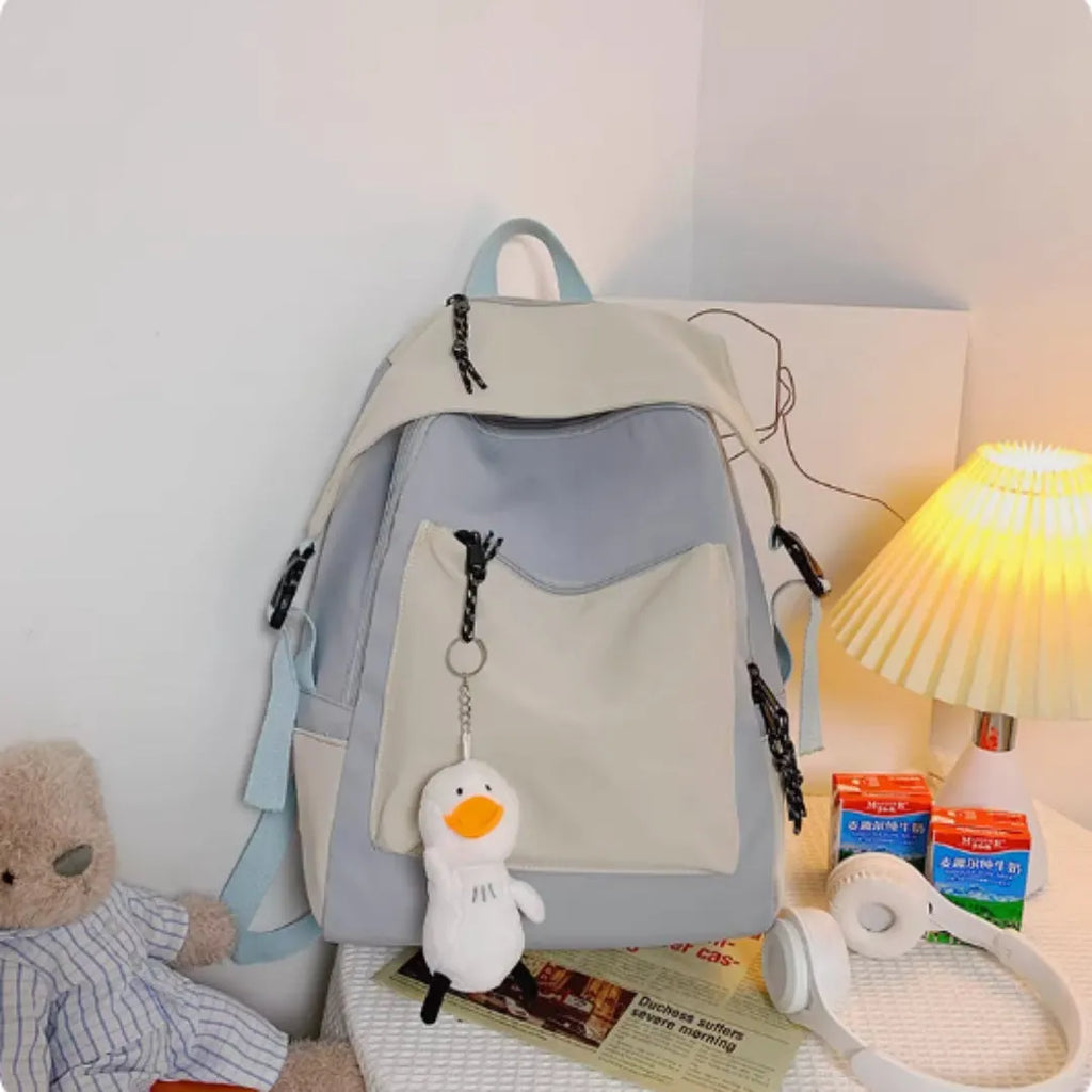 Nylon large capacity schoolbag for female college students Harajuku style vertical square 28x45x13cm black colour with pendant
