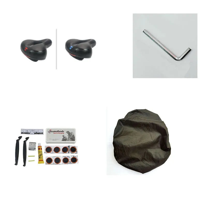 Bicycle cushion with soft padding and PU leather cover, includes waterproof cover and maintenance tools