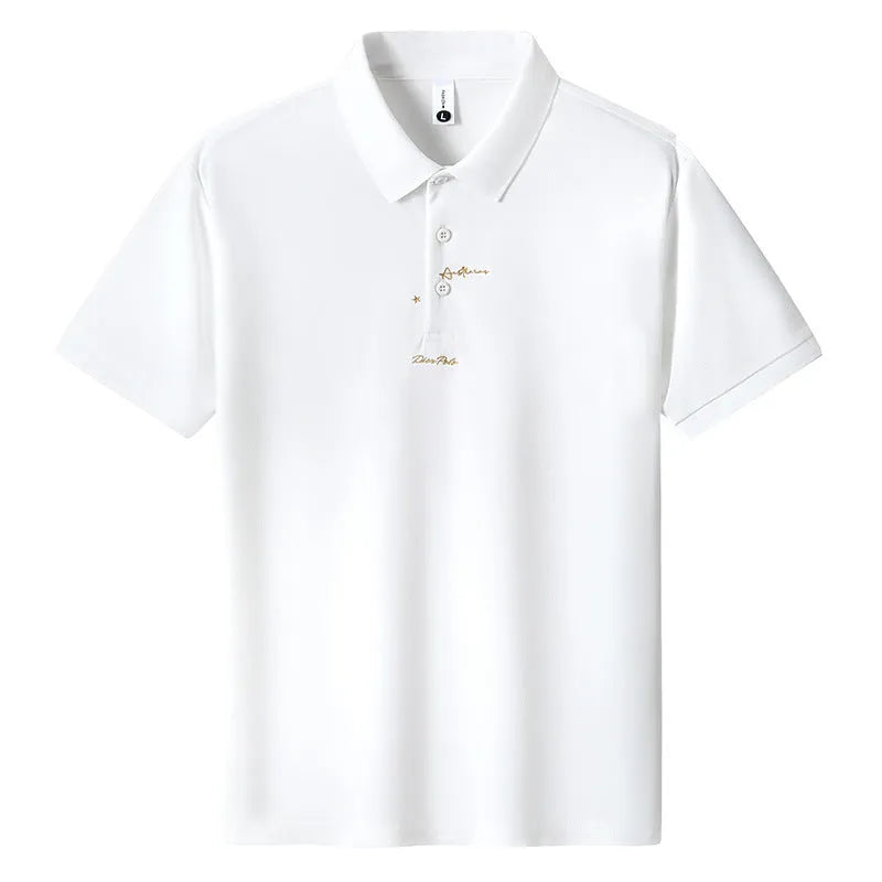 Men's loose-fitting short sleeve cotton T-shirt in six colour options on a size chart background.