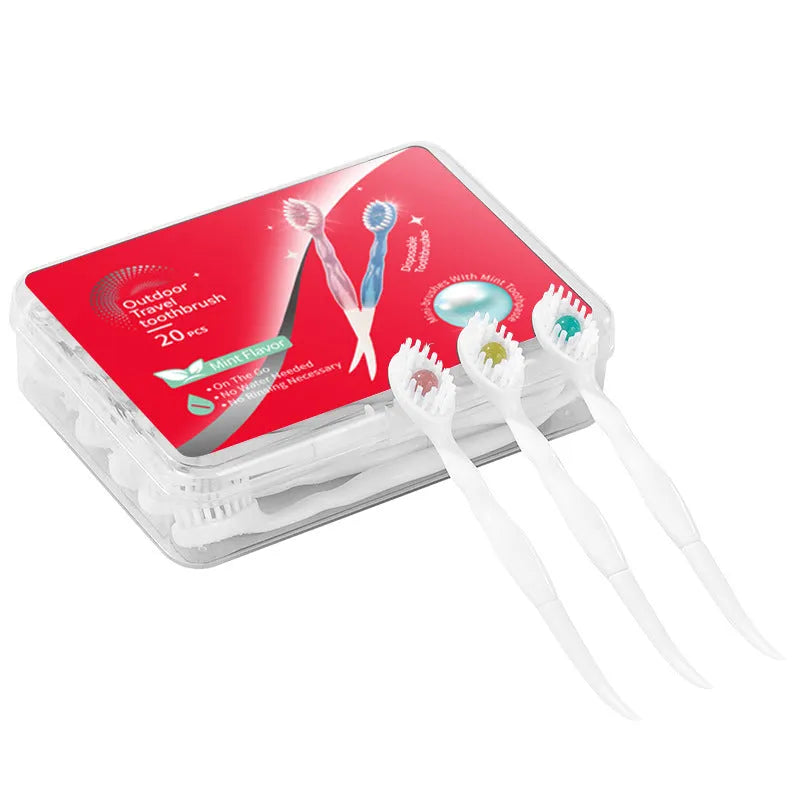 Box containing 20 disposable bead toothbrushes for travel with flavour options