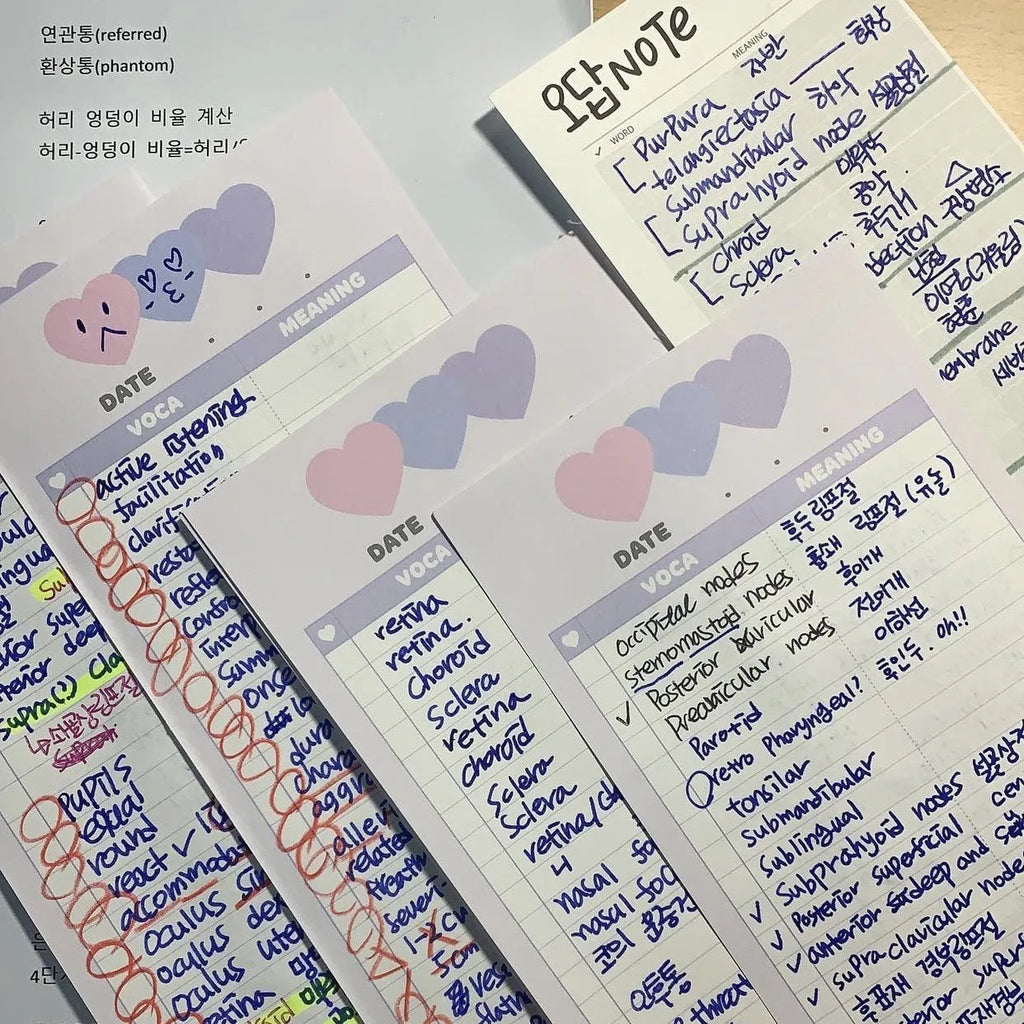 Vertical format English word notepad in half B5 size with double-sided printing and colour-coded cover